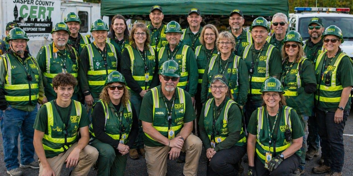 Jasper County CERT team in green uniforms and helmets posing together outdoors.