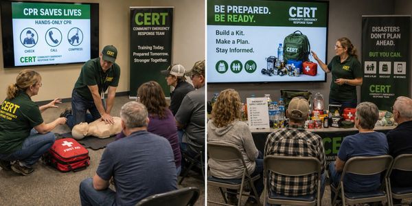Community emergency response team training with CPR and preparedness sessions.