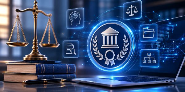Legal justice concept with scales, books, and digital law icons on a laptop.