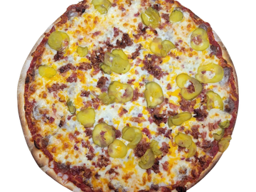 A pizza topped with pickles and cheese.