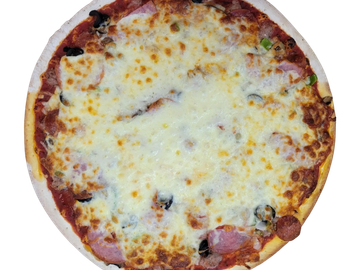 Cheese-covered pizza with ham and olives.