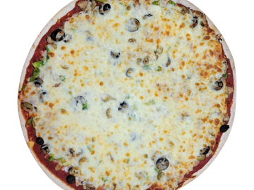 Cheese pizza with black olives and green peppers.