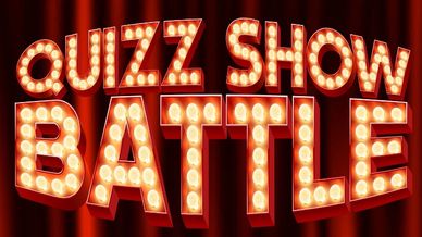 Bright marquee lights spelling out "Quiz Show Battle" against a red curtain.