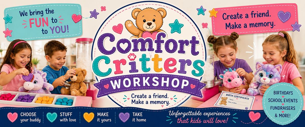 Kids happily making stuffed animals at Comfort Critters Workshop.
