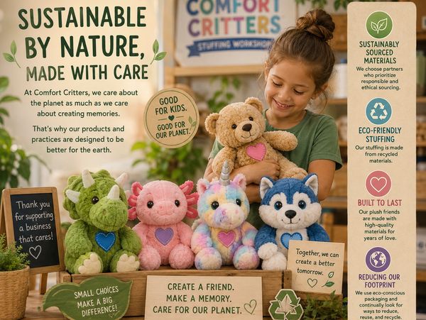 A girl hugs an eco-friendly plush teddy bear from Comfort Critters, surrounded by colorful stuffed animals promoting sustainability.