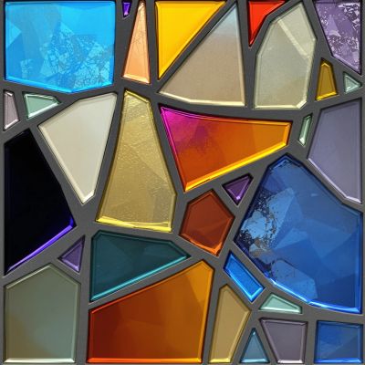 Colorful geometric stained glass panel.