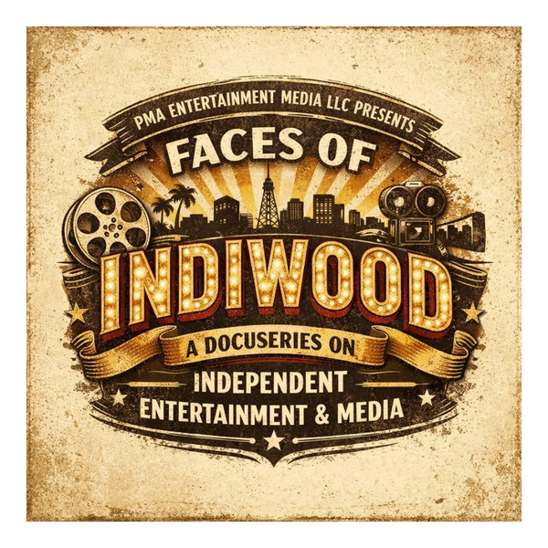 Vintage-style poster for Faces of Indiwood, a docuseries on independent entertainment and media.