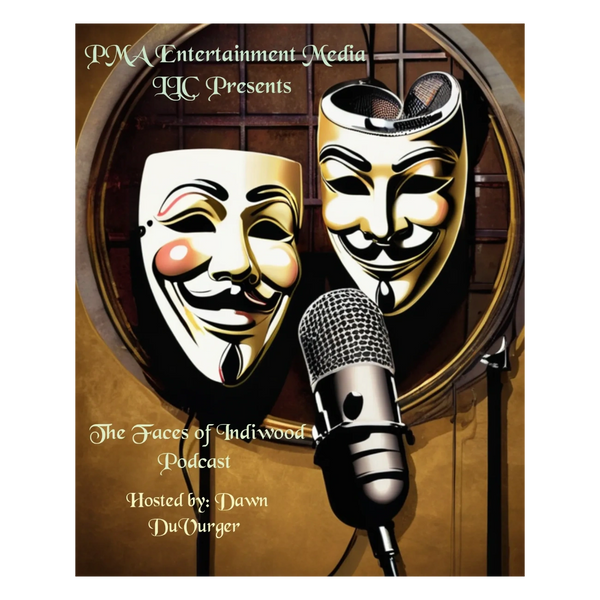 Podcast cover with theatrical masks and a microphone, titled 'The Faces of Indiwood.'