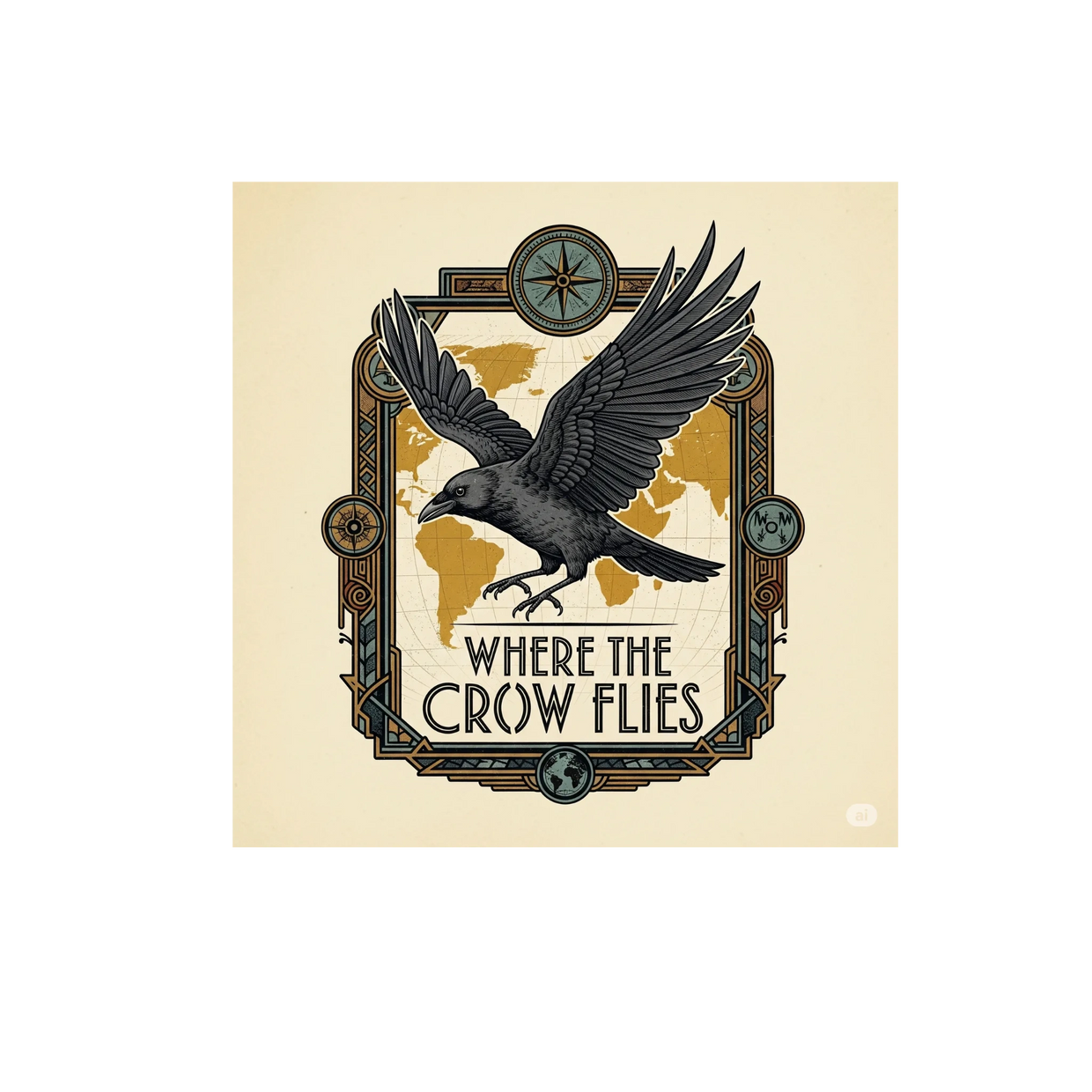 Illustration of a crow flying over a world map with the text 'Where the Crow Flies'.