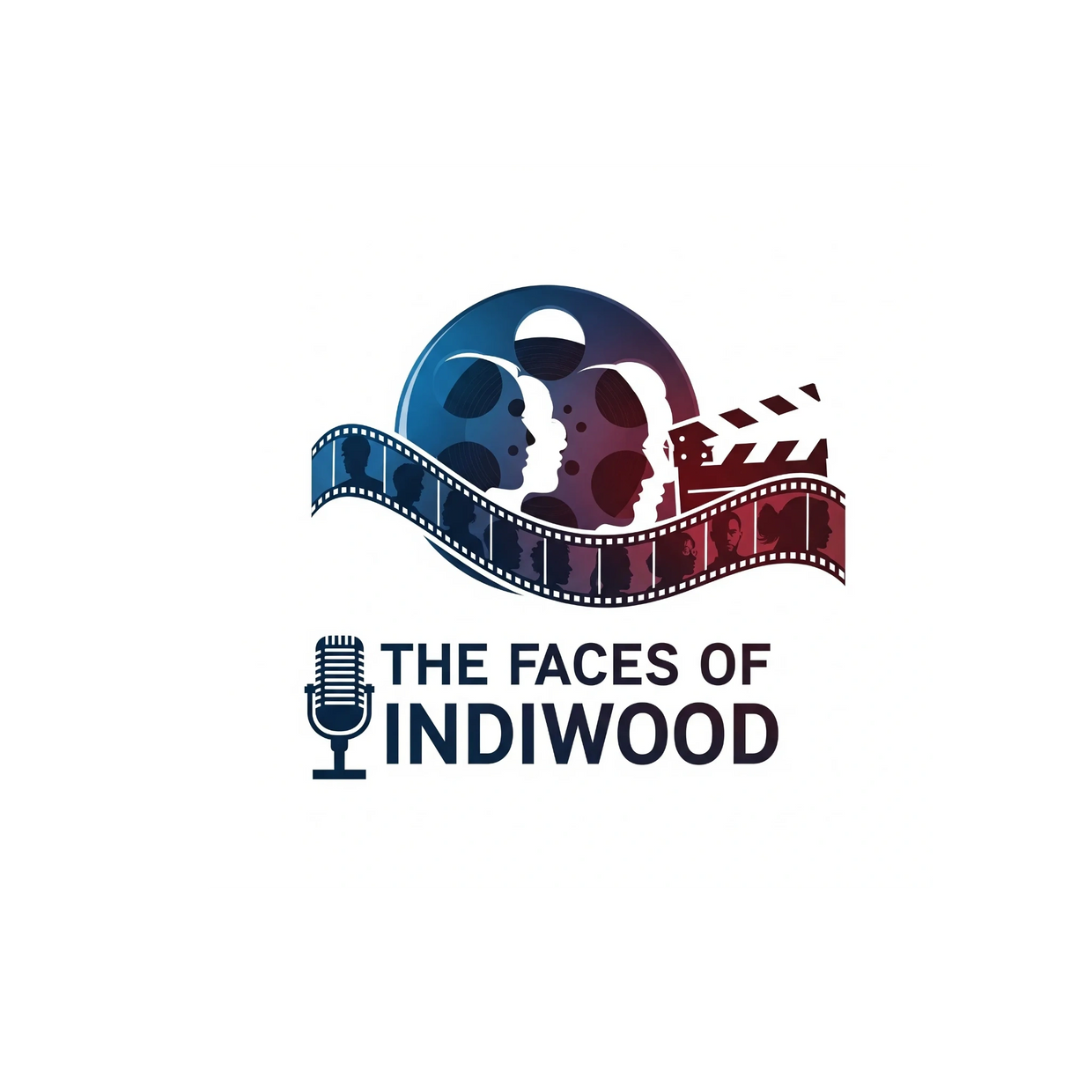 Logo featuring film reel, faces, a clapperboard, and a microphone for "The Faces of Indiwood."