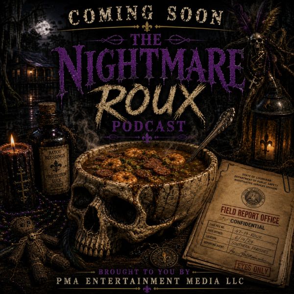 Dark themed podcast promo with skull bowl and mystical items.
