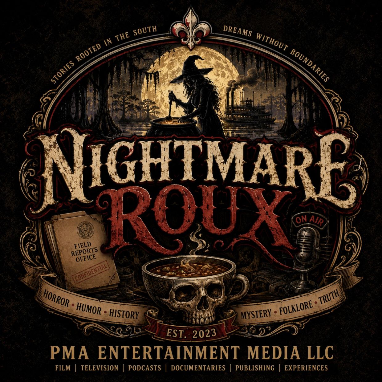 Nightmare Roux podcast logo with witch and skull.