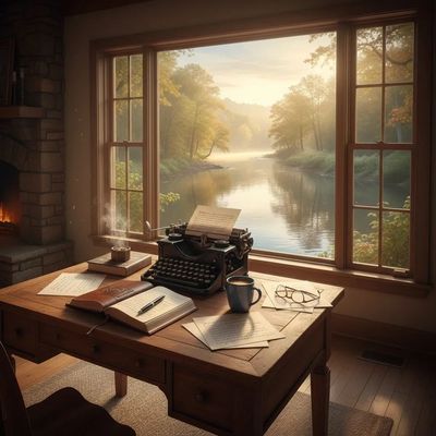 Cozy writer's nook by a window overlooking a serene river.