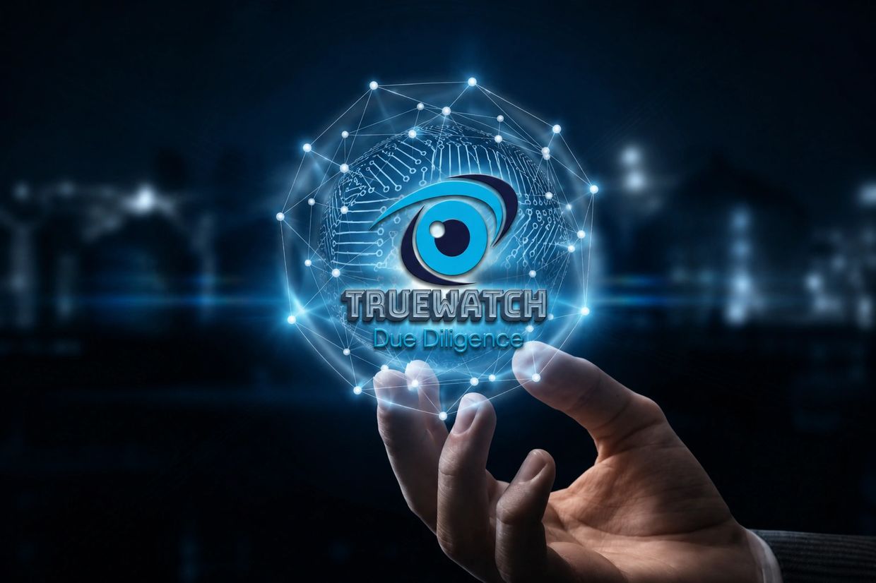 A hand holding a digital globe with Truewatch Due Diligence logo.