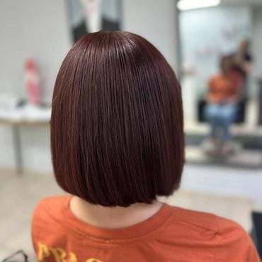 Back view of a person with sleek, straight dark brown hair in a bob cut.