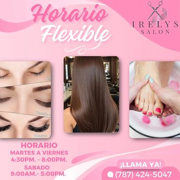 Flexible hours at Irelys Salon offering beauty, hair, and pedicure services.