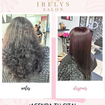 Transformación de cabello rizado a liso brillante en Irelys Salon.