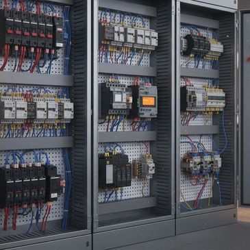 Electrical control panels with organized wiring and circuit breakers.