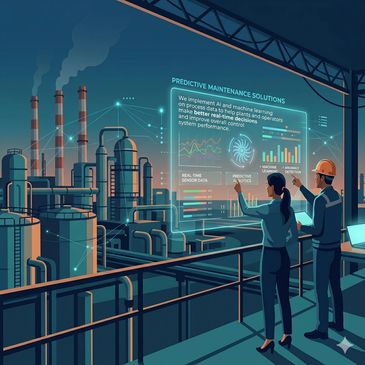 Engineers use AI-driven predictive maintenance in a modern industrial plant control room.