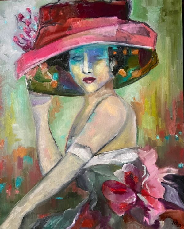 Woman with a "Saratoga Hat," original oil painting