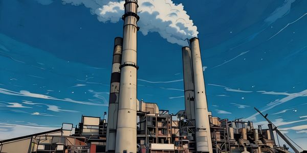 Industrial factory with tall chimneys emitting smoke under a blue sky.