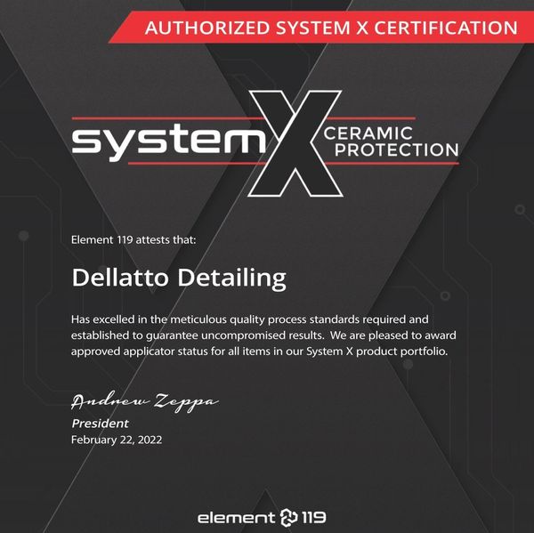 Certificate for Dellatto Detailing's System X Ceramic Protection approval.