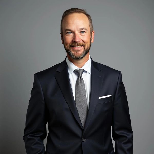 Smiling man in a dark suit and tie against a gray background.