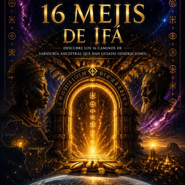 Golden gateway symbolizing 16 Mejis de Ifá and ancestral wisdom.