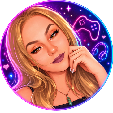 Digital portrait of a blonde woman with gaming icons.