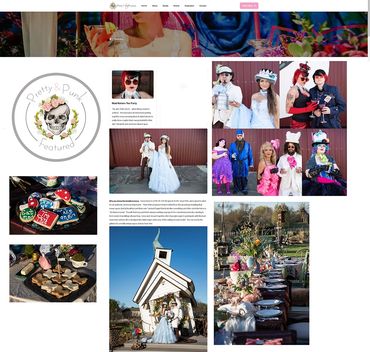 A collage of various alice in wonderland costumes and food with Pretty and Punk skull flowers logo