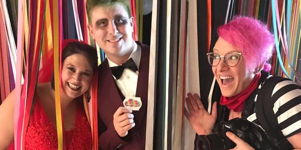 pink hair jen poses with beetlejuice couple at rainbow vomit in downtown dallas