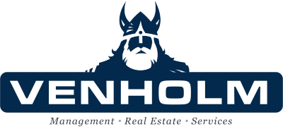 Logo of Venholm with Viking imagery.