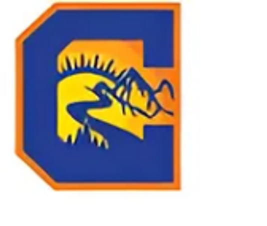 A stylized dinosaur logo with blue and yellow colors.