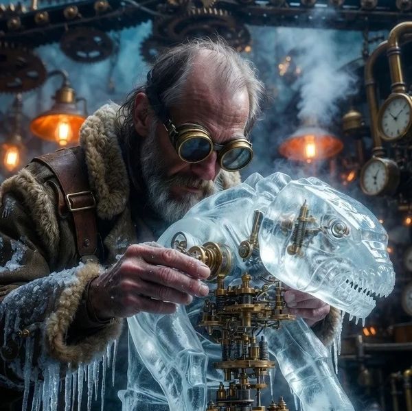 Inventor adjusting a transparent mechanical dinosaur with intricate gears.