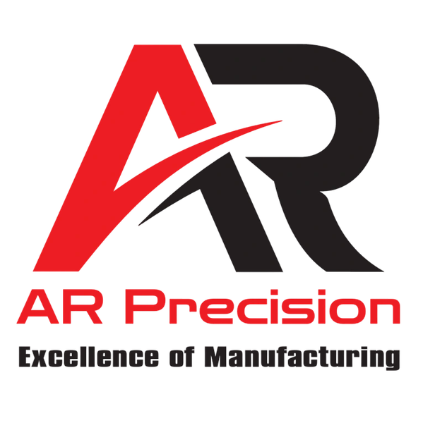 Logo of AR Precision with red and black letters and tagline.