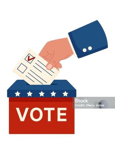 Hand casting a ballot into a voting box with patriotic colors.