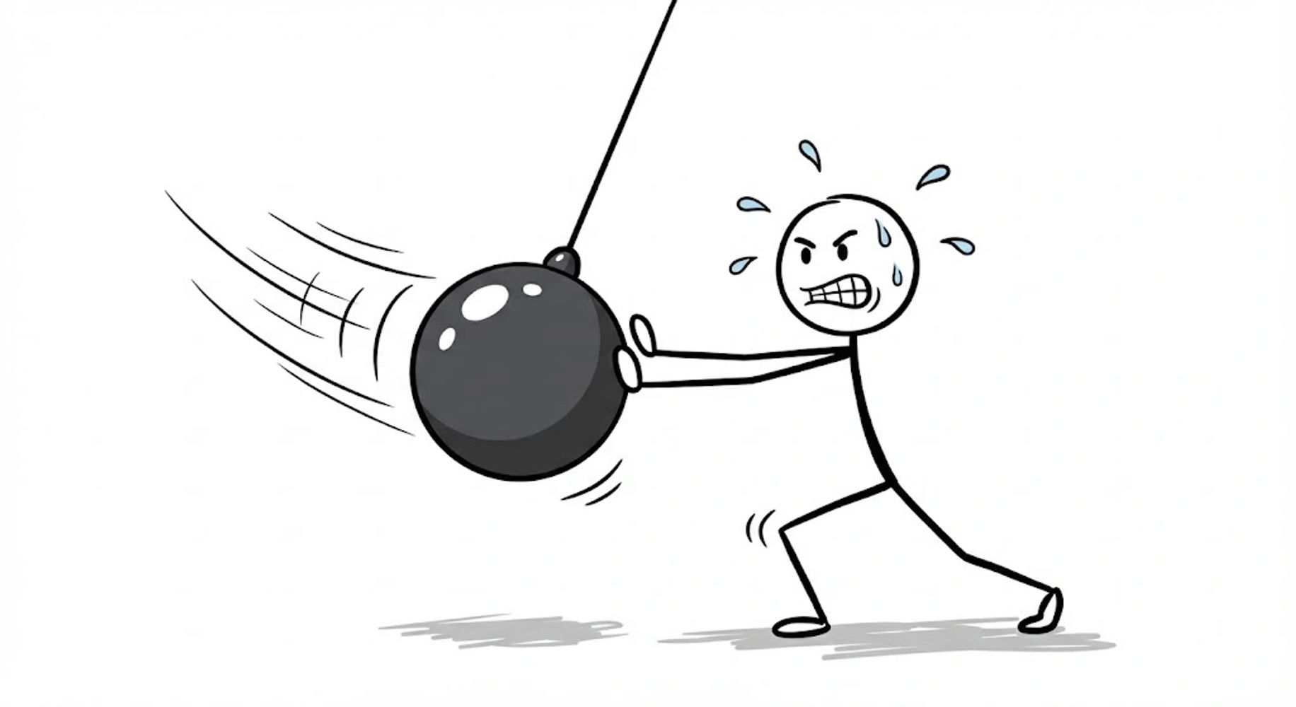 Determined stick figure pushing a swinging wrecking ball with effort.