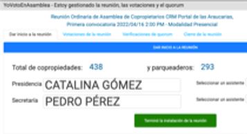Pantalla que muestra la instalación de la asamblea al inicio de la reunión presencial o virtual