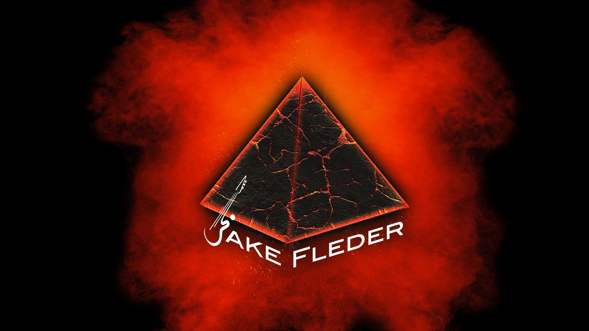 A glowing cracked pyramid with a red smoky background and text.