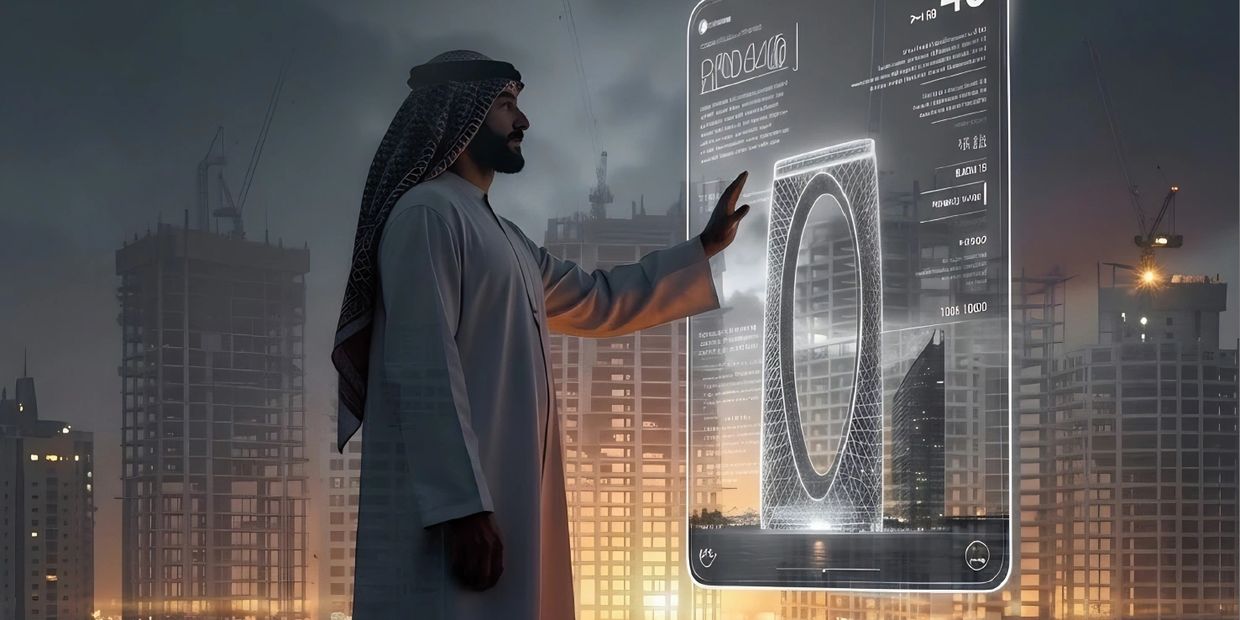 Man in traditional attire interacting with futuristic transparent screen in a city under construction.