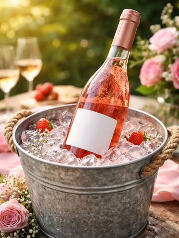 A chilled rose wine bottle in an ice bucket with strawberries and flowers.