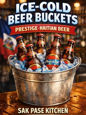 Bucket of ice-cold Prestige Haitian beer bottles at Sak Pase Kitchen.