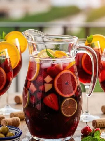 Pitcher of refreshing sangria with sliced fruits and wine glasses.