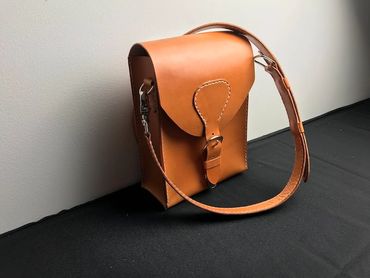 London Tan crossbody bag with adjustable strap, Leather bags made in Raleigh, North Carolina