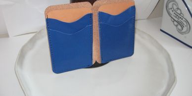 Men's blue Leather Wallet made with 4 card slots and 2 slots for bills. Made in Raleigh, NC.