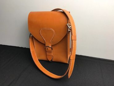 London Tan crossbody bag with adjustable strap, Handmade leather goods made North Carolina