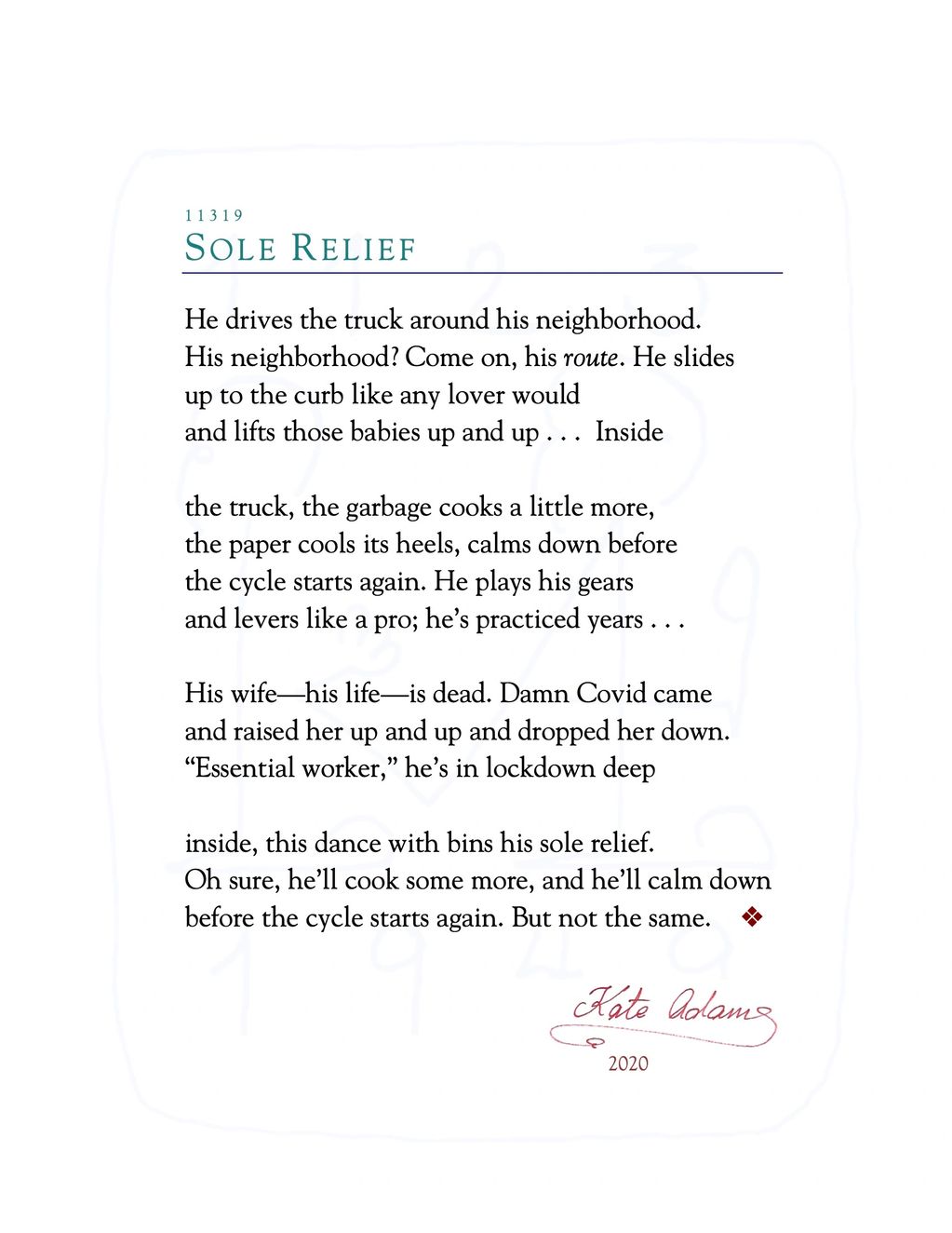 PDF of poem “Sole Relief“
garbage truck, gears and levers, Covid