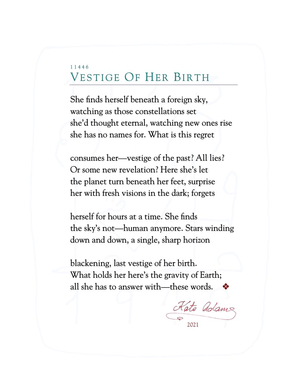PDF of poem "Vestige Of Her Birth"
constellations, visions, planet, gravity