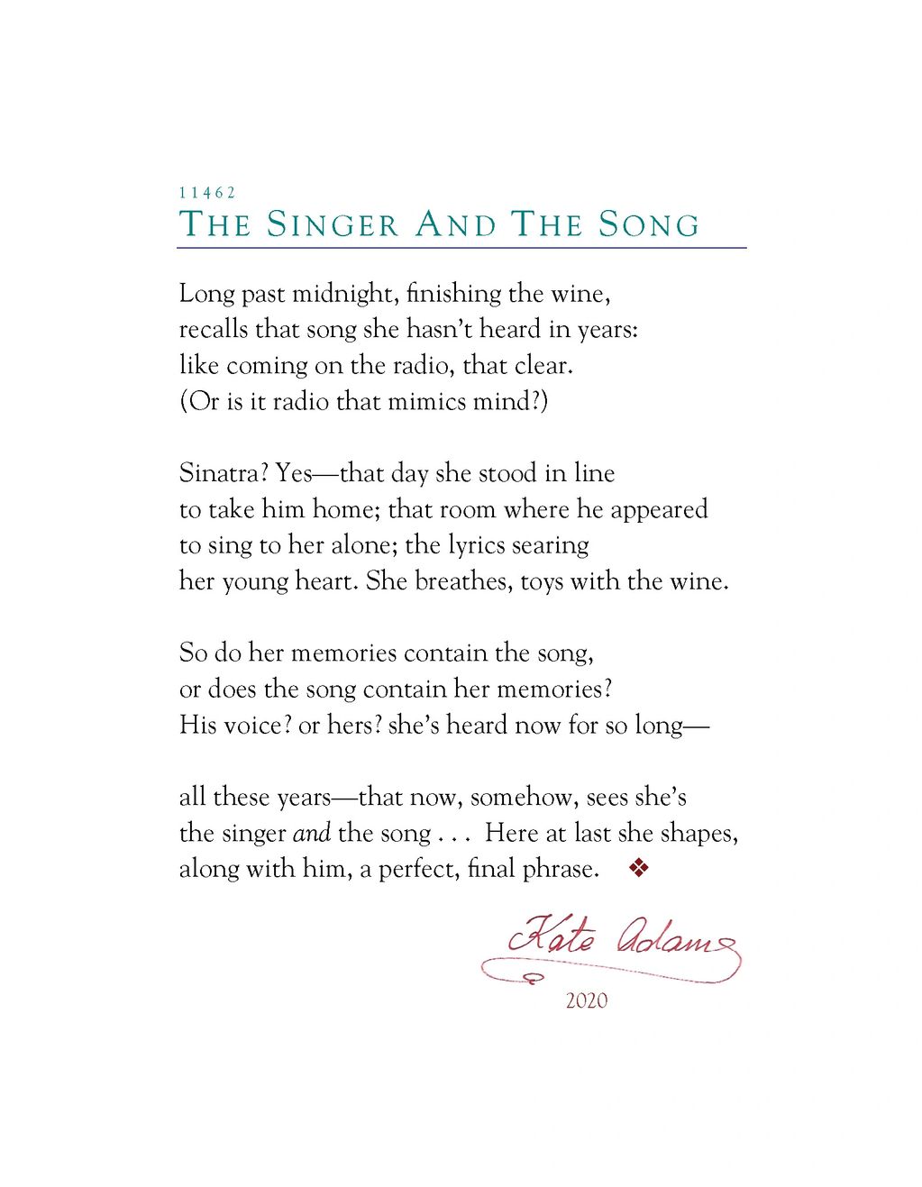PDF of poem "The Singer And The Song"
wine, radio, Sinatra, final phrase