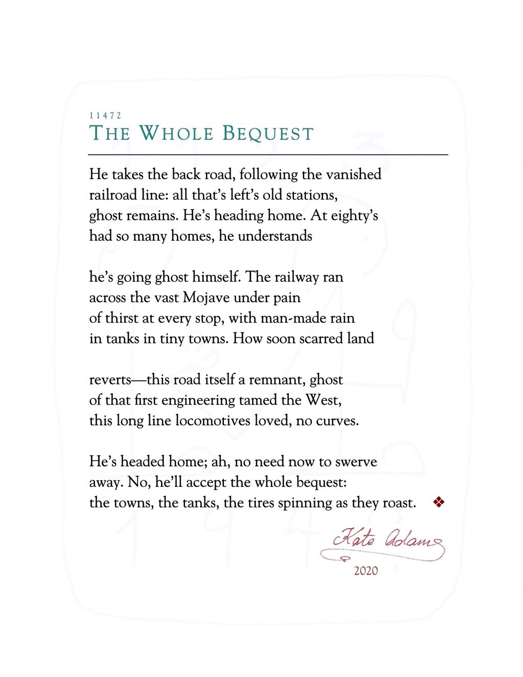 PDF of poem "The Whole Bequest"
railroad, ghost, eighty, Mojave